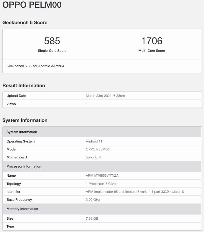 OPPO reno 5 Lite geekbench