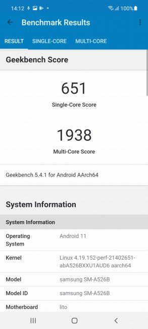 Restultado en Geekbench con el Samsung Galaxy A52 5G