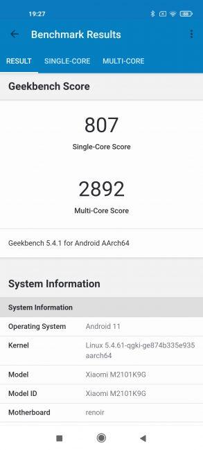 Resultado en Geekbench con el Xiaomi Mi 11 Lite 5G