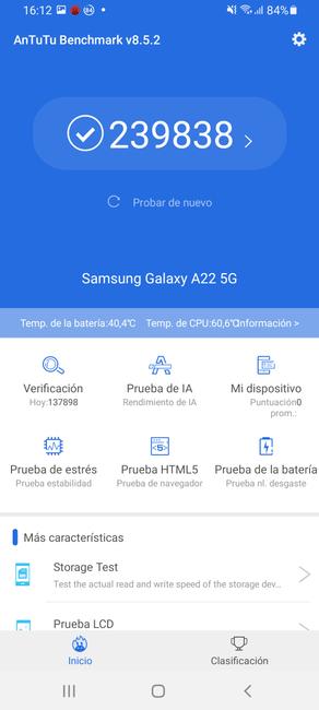 rezultat în AnTutu del Samsung Galaxy A22 5G