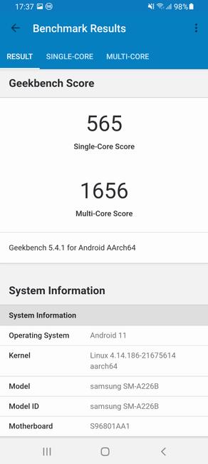 Результаты тестов на Geekbench Samsung Galaxy A22 5G