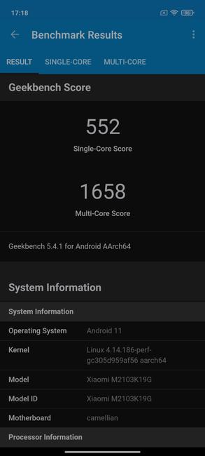 Tulos ja Geekbench yhdessä Redmi Note 10 5G: n kanssa