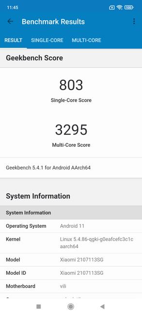 Resultat på Geekbench med Xiaomi 11T Pro