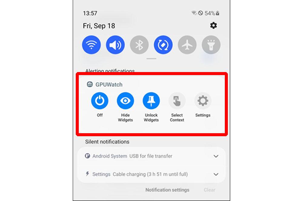 GPUWatch en el panel de notificaciones Samsung