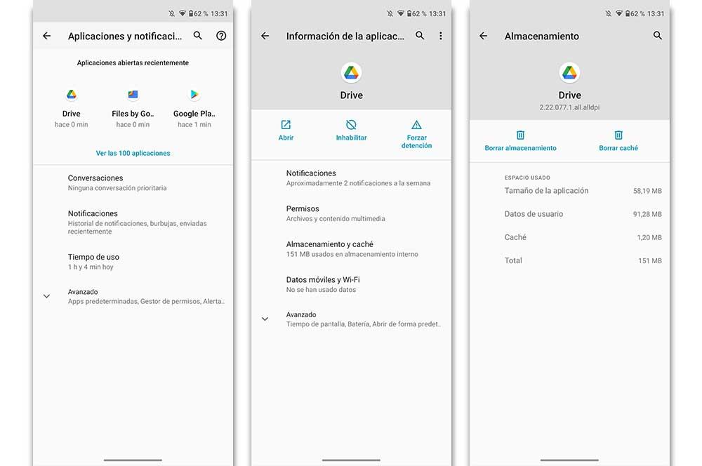 Borrar caché y datos Google Drive Android