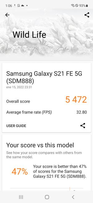 Resultatet av Samsung Galaxy S21 FE og 3D Mark