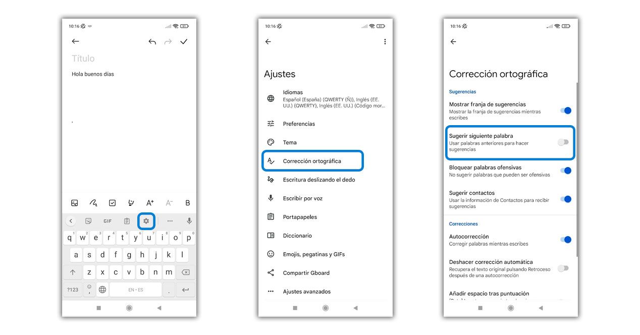 sugerir palabra teclado android