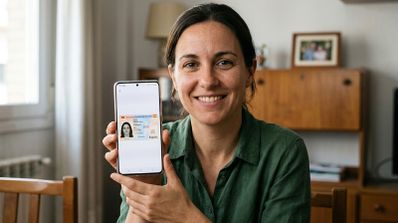 Mujer mostrando una foto del DNI en el móvil