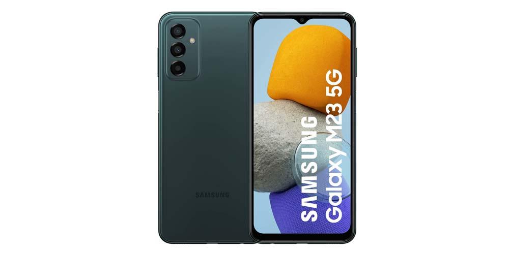 Diseño del teléfono Samsung Galaxy M23 5G de color gris