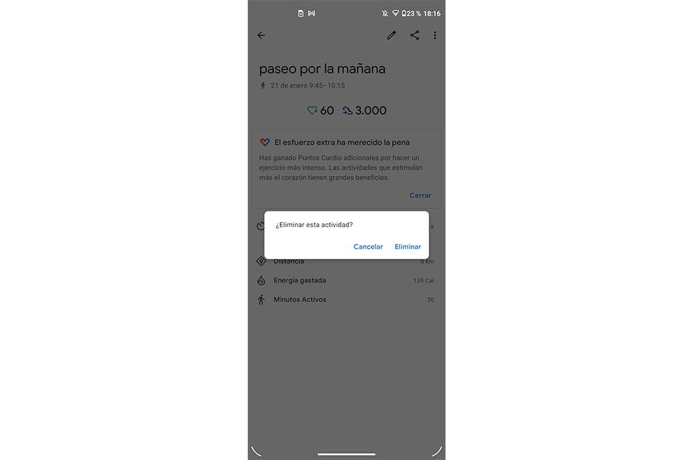 Eliminar actividad en Google Fit móvil Android