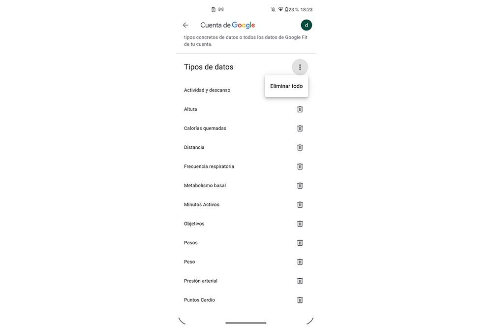 Eliminar todo en Google Fit móvil Android