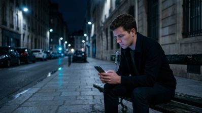 Hombre sentado en un banco de una calle nocturna consultando su teléfono iPhone con gesto de concentración.