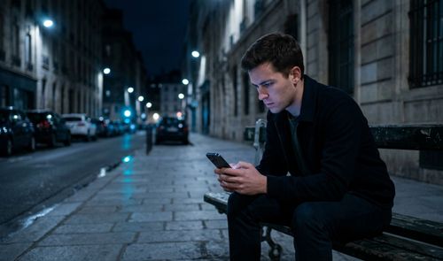 Hombre sentado en un banco de una calle nocturna consultando su teléfono iPhone con gesto de concentración.