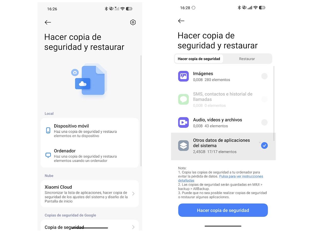 Copia de seguridad de Xiaomi Cloud