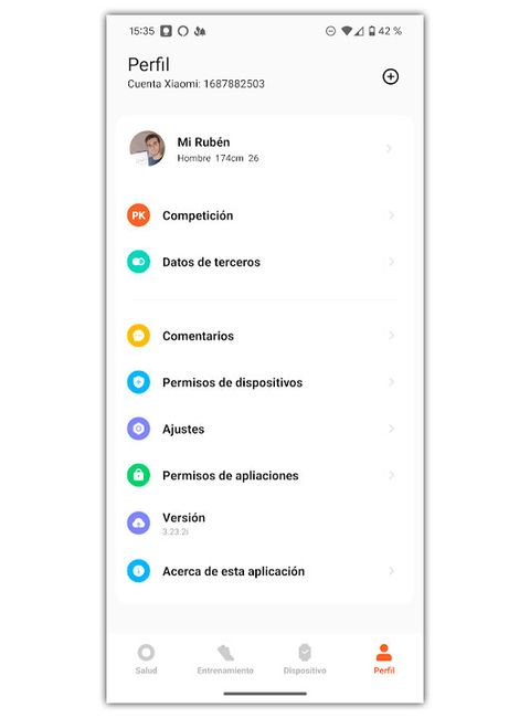 mi fitness app opciones perfil