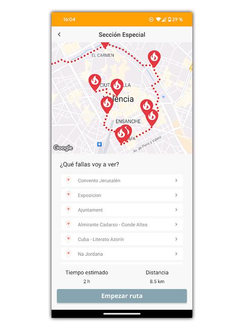 app con rutas en mapa de las fallas en valencia