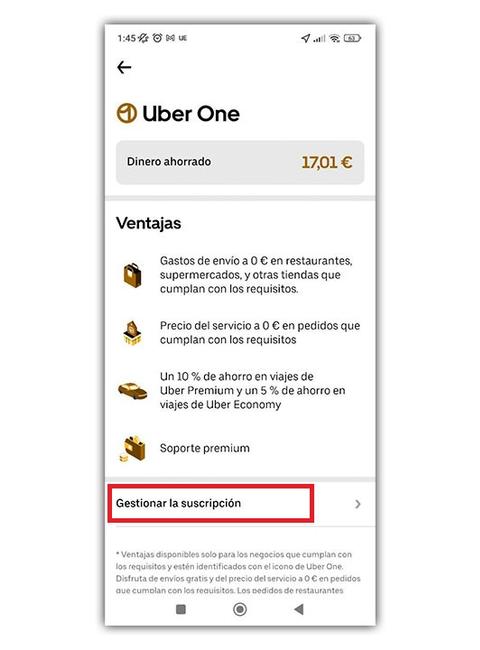 uber one ahorro gestionar