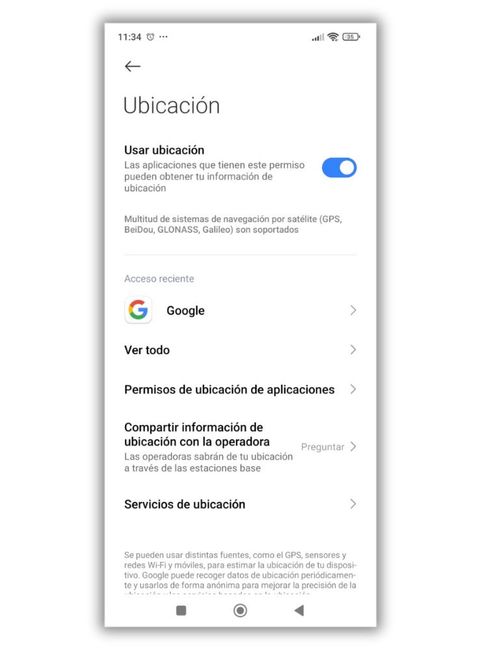 Ajustes Android Panel de Ubicación y GPS