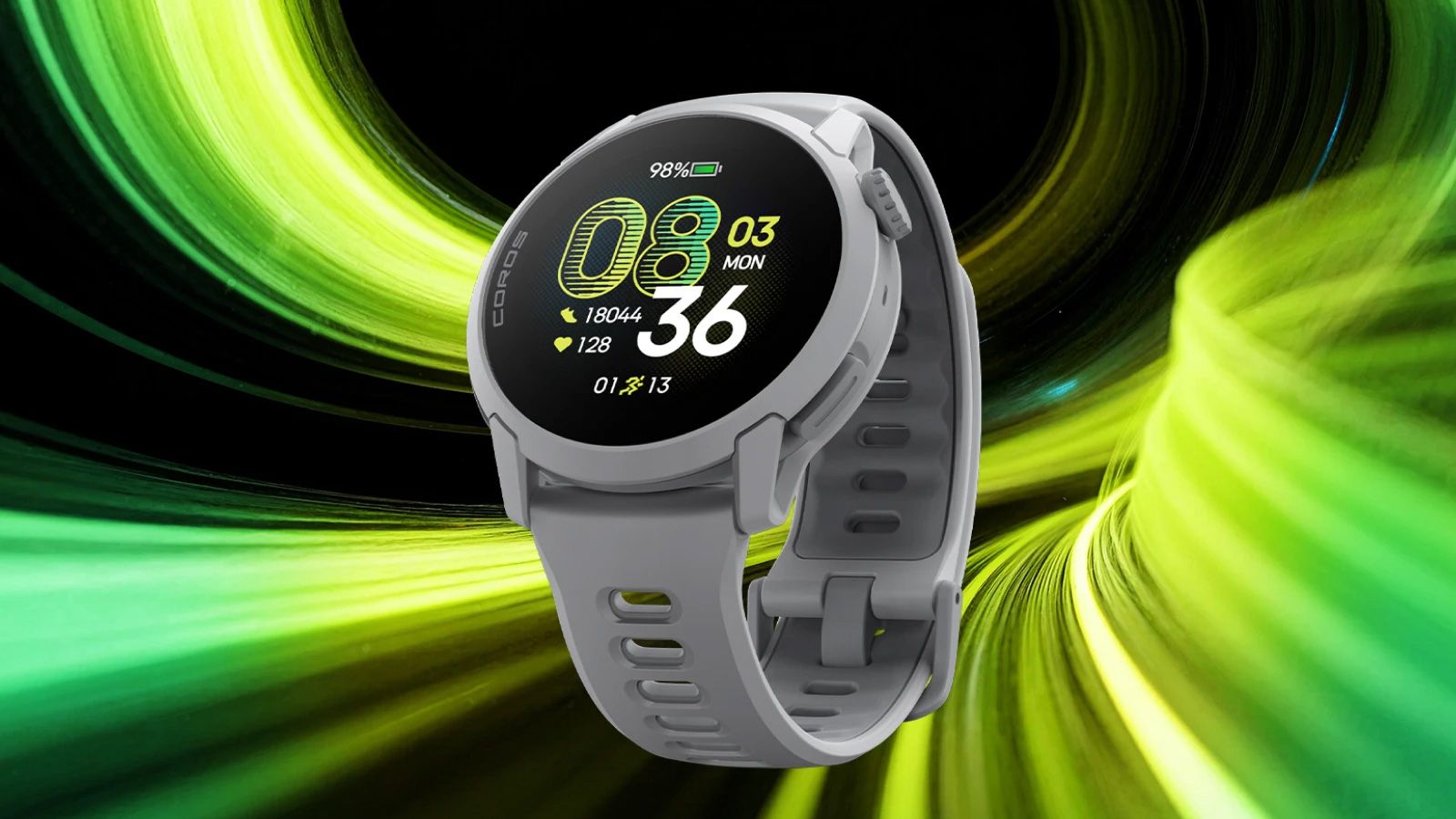 Reloj deportivo Coros Pace 4 con correa gris y pantalla digital sobre un fondo de estelas de luz verde y amarilla.