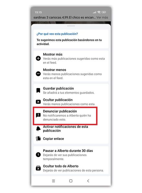 denunciar publicación Facebook