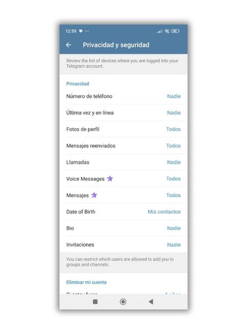 Panel ajustes privacidad Telegram