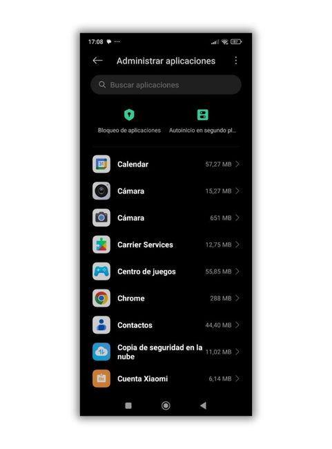 Menu administrar aplicaciones HyperOS