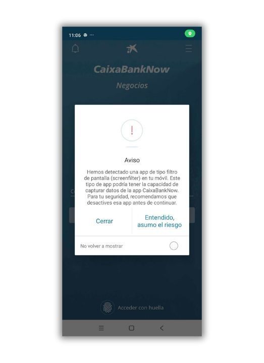 caixabank mensaje filtro pantalla