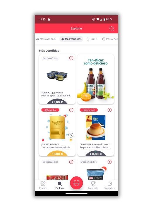 Interfaz de la aplicación Gelt mostrando ofertas de reembolso en productos de alimentación.