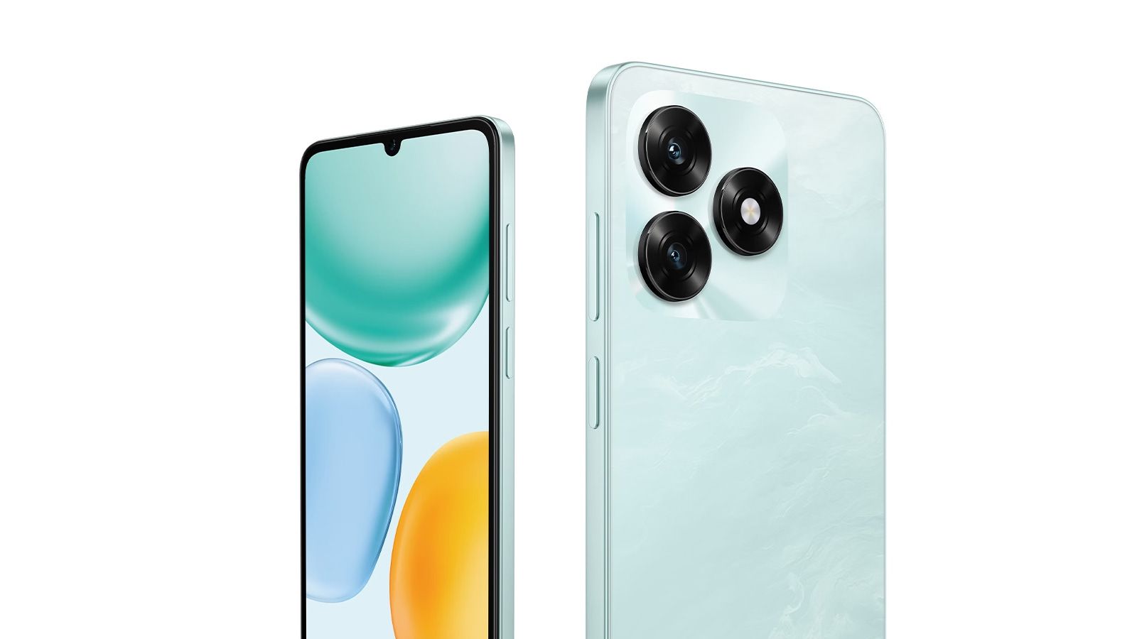 Parte frontal y trasera del smartphone Honor X5c Plus en color azul claro mostrando su módulo de cámaras triple.
