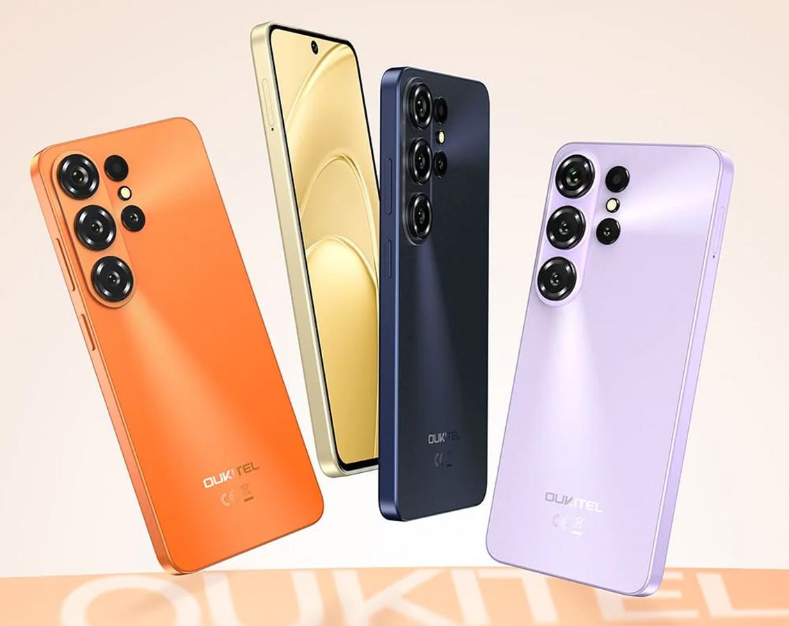 Cuatro smartphones Oukitel C26 en colores naranja, negro, violeta y dorado con disposición de triple cámara trasera.