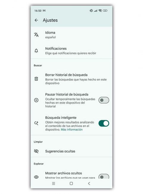 ajustes Google files