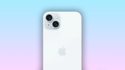 Módulo de doble cámara trasera del iPhone 15 Plus en color blanco.