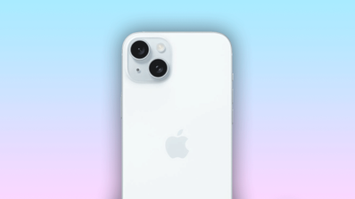 Módulo de doble cámara trasera del iPhone 15 Plus en color blanco.