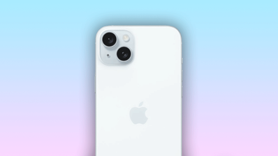 Módulo de doble cámara trasera del iPhone 15 Plus en color blanco.