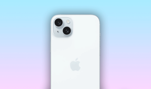 Módulo de doble cámara trasera del iPhone 15 Plus en color blanco.