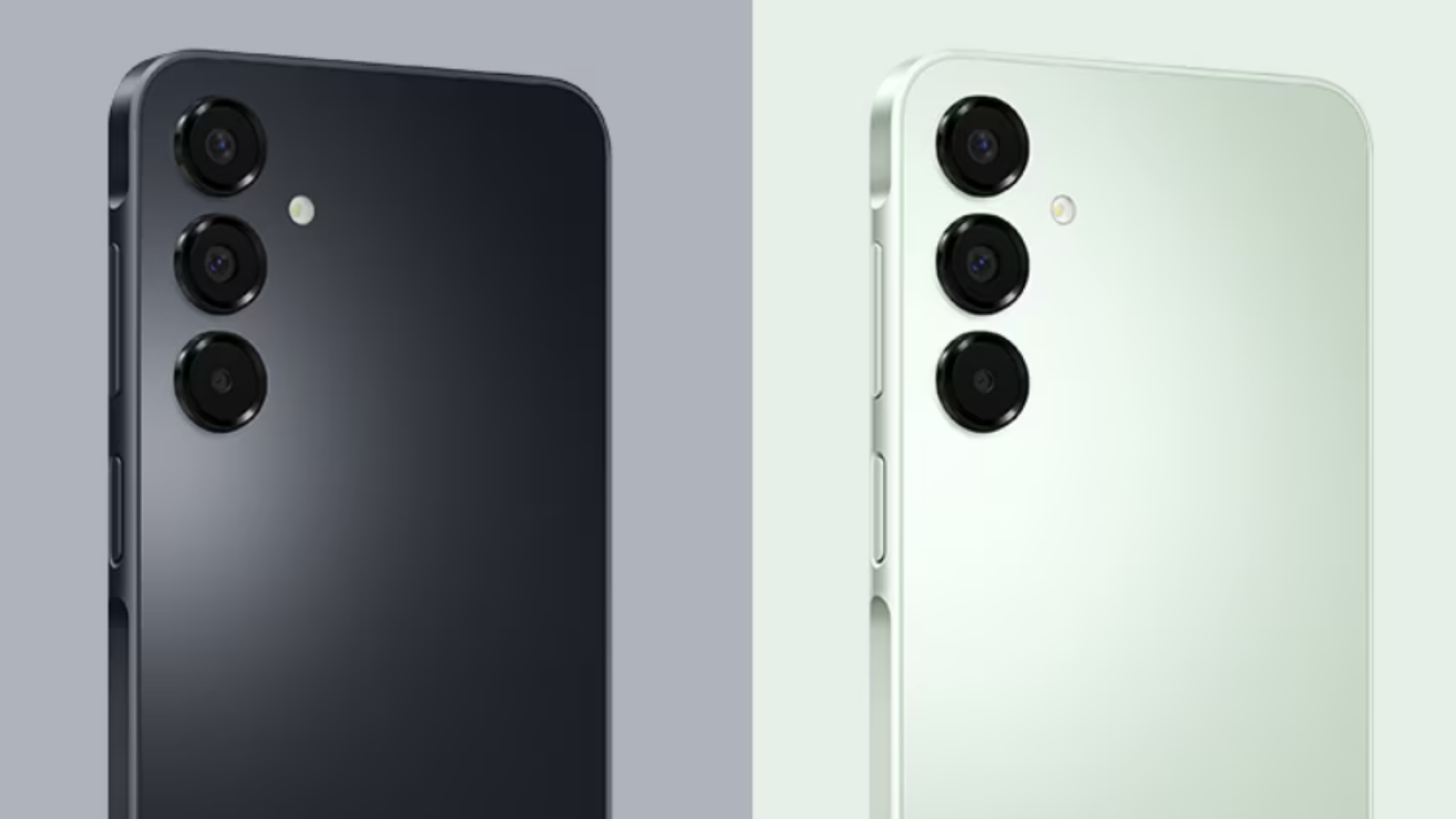 Parte trasera de dos teléfonos Samsung Galaxy A16 en color negro y verde claro con detalle de su triple cámara.