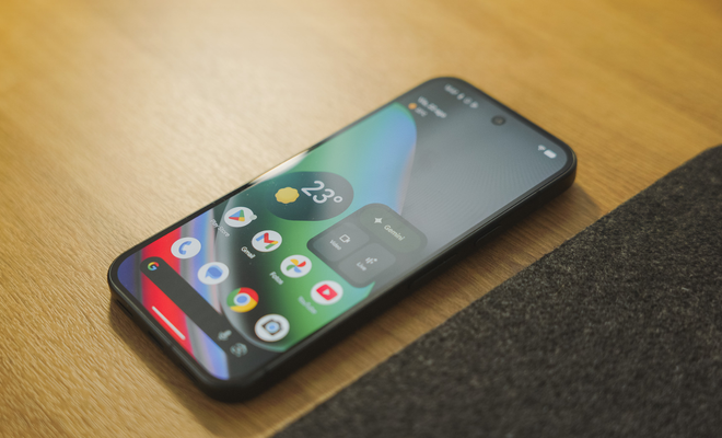 Google Pixel 10 con la interfaz Material 3 Expressive de Android 16 en pantalla sobre una mesa de madera.