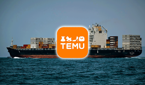 Barco de contenedores maritimos y logotipo de Temu