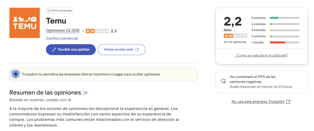 Opiniones Temu Trustpilot