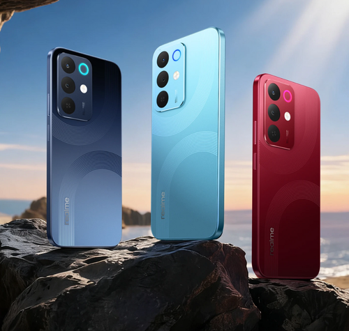 Tres unidades del realme 15x en colores azul oscuro, azul claro y rojo situadas en un entorno rocoso.