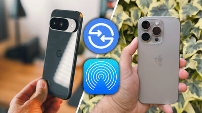 Google Pixel 10 junto a iPhone con icono de Quick Share y de AirDrop