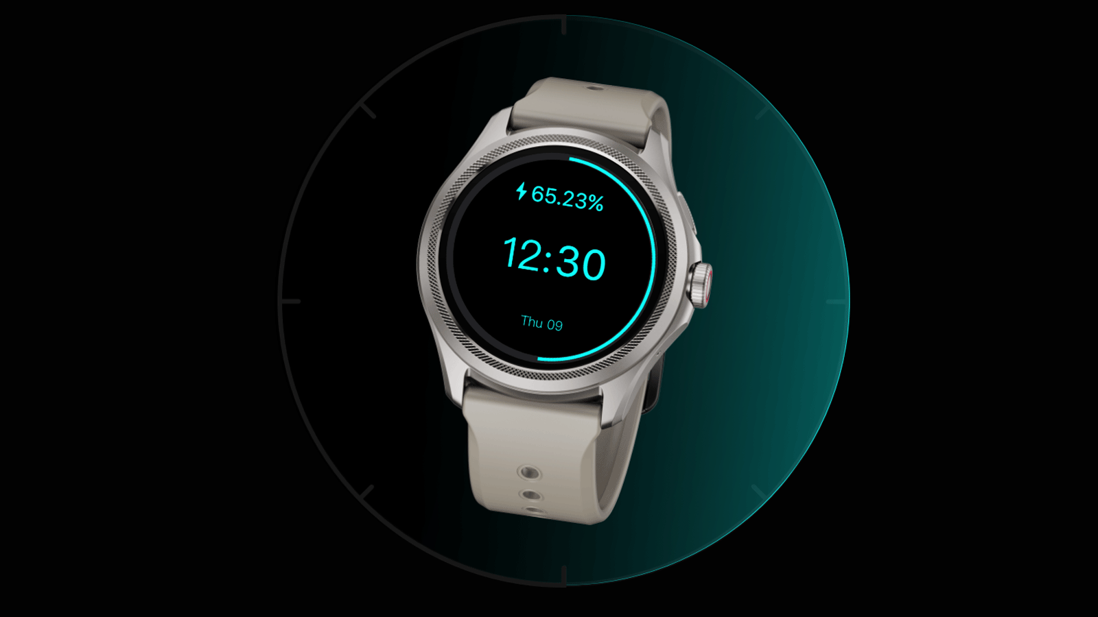 Reloj inteligente TicWatch Pro 5 con esfera digital en color turquesa sobre fondo oscuro circular.