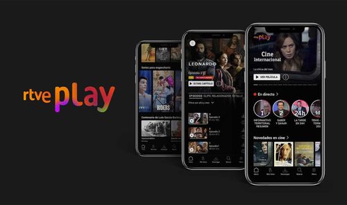 Interfaz de la aplicación RTVE Play en varios teléfonos móviles con catálogo de series y cine.