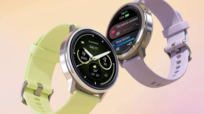 Dos relojes inteligentes Garmin Venu 4 con correas en color lima y lavanda mostrando diferentes esferas de medición.