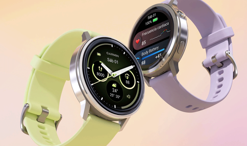 Dos relojes inteligentes Garmin Venu 4 con correas en color lima y lavanda mostrando diferentes esferas de medición.