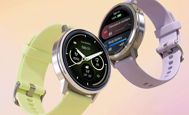 Dos relojes inteligentes Garmin Venu 4 con correas en color lima y lavanda mostrando diferentes esferas de medición.