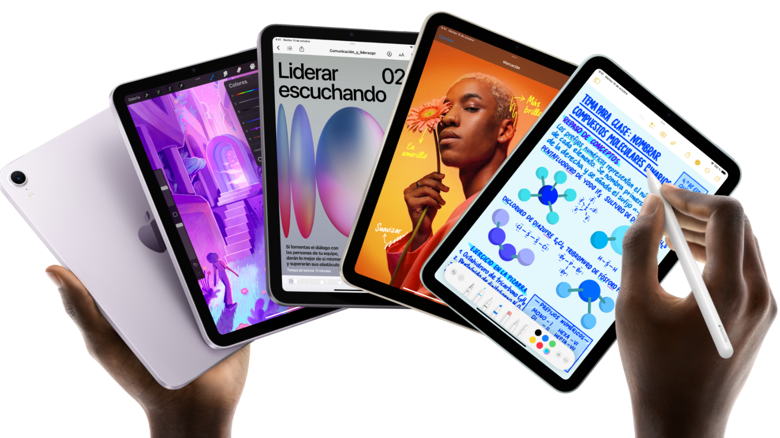Varias unidades de iPad mini de 2024 mostrando aplicaciones de dibujo, navegación web, edición de vídeo y lectura.