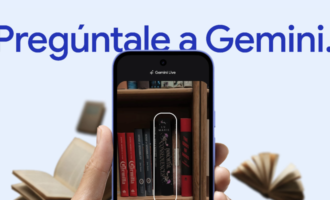 Interfaz de la aplicación Gemini Live en un teléfono móvil Google Pixel 10a apuntando a una estantería de libros.