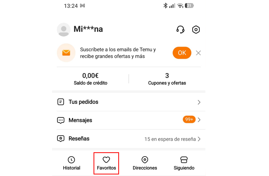Lista de Favoritos en Temu.