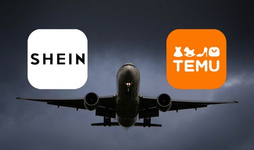 Logotipo de Shein y Temu junto a un avion